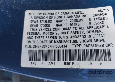 2015 Honda Civic Lx из США, поврежденный, VIN 2HGFB2F57FH550434